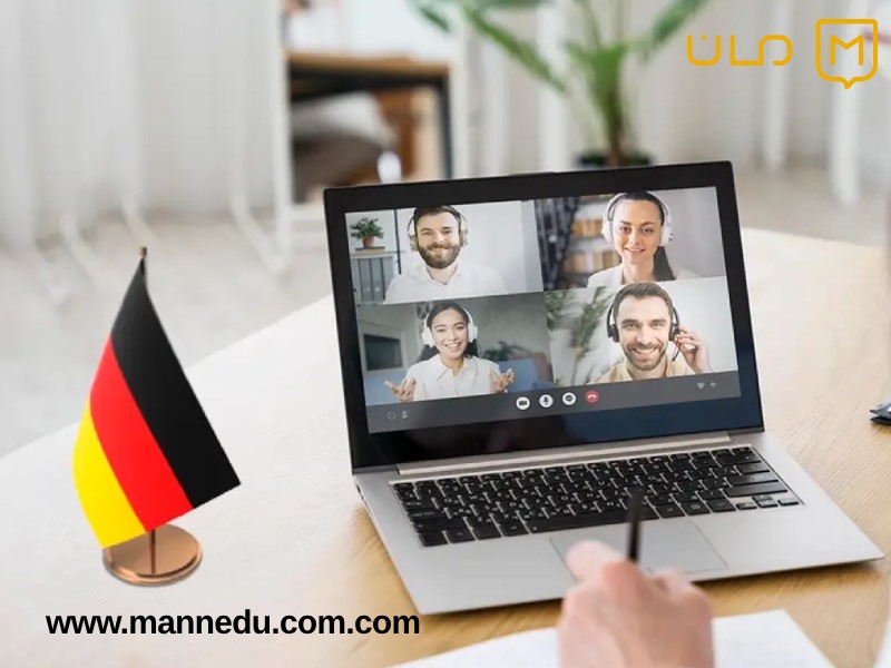 دانشجو در کلاس زبان آلمانی آنلاین در حال تعامل با استاد و یادگیری گرامر و مکالمه